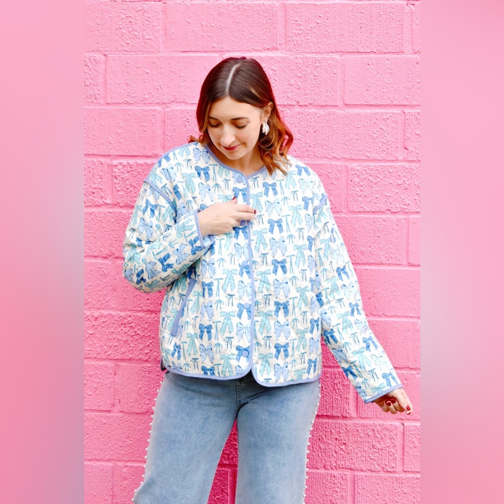 Entro Blue Multi Bow Printed Quilted Jacket